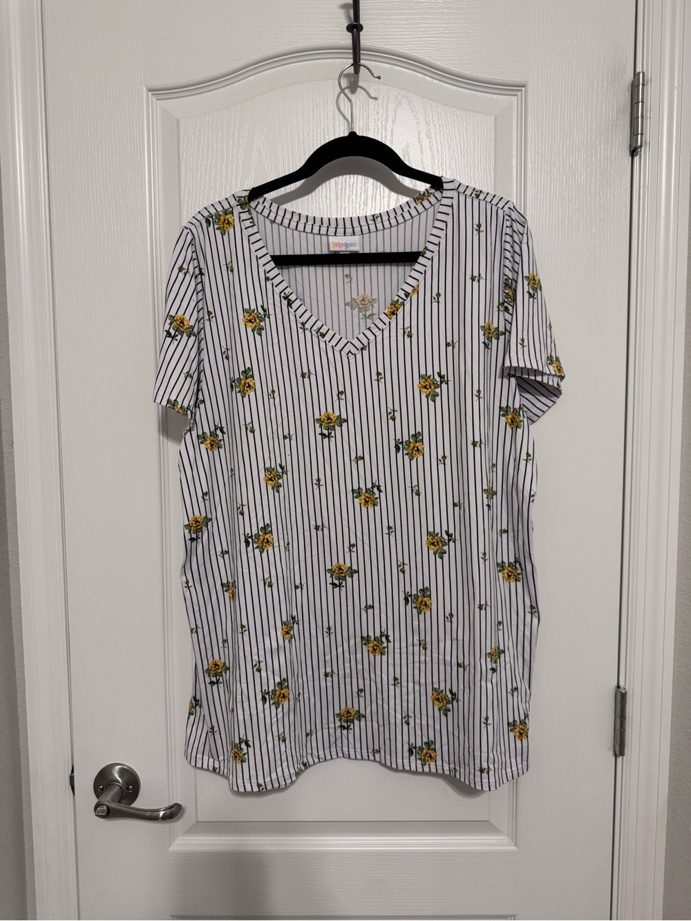 LuLaRoe Christy T White Striped Short Sleeve Tee with Yellow Floral Print